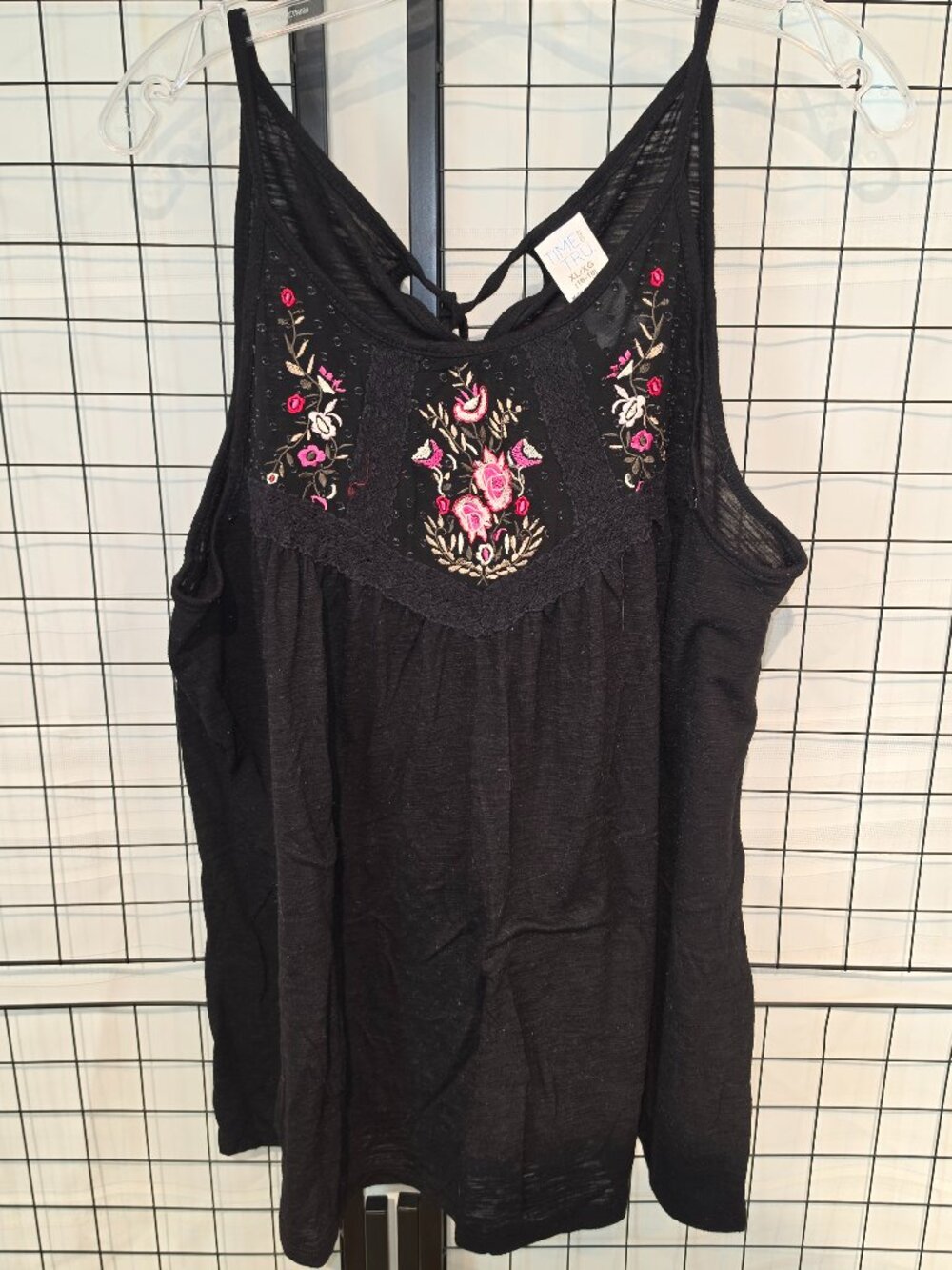 TIE BACK EMBROIDERED BLACK TANK